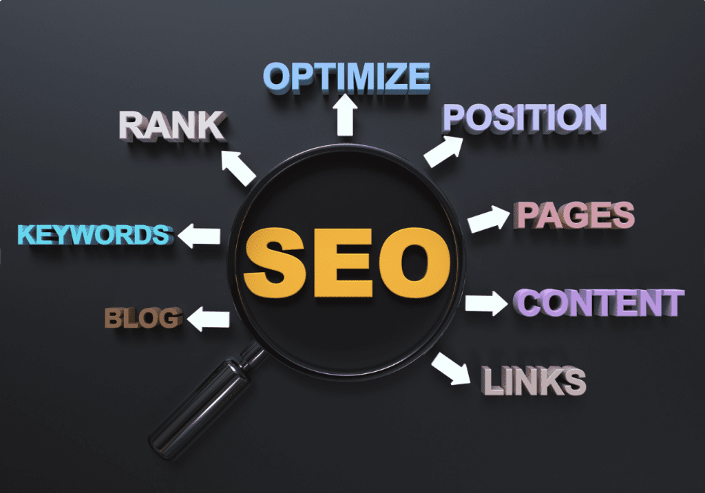 A graphic depicts the different aspects of search engine optimization, including blog, keywords, rank, optimize, position, pages, content, and links.