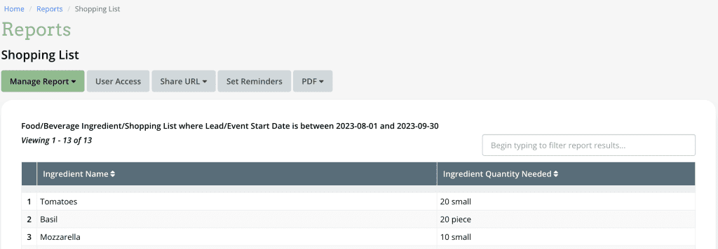 Shopping list report in Planning Pod