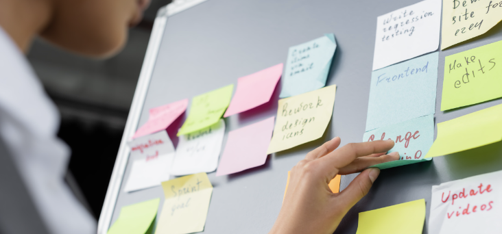 Rows of sticky notes on a white board